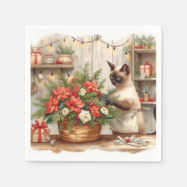 Cat is arranging Christmas Flowers Serviette (Vorderseite)