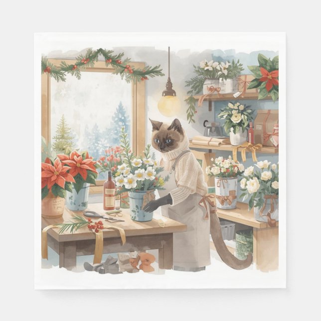 Cat is arranging Christmas Flowers Serviette (Vorderseite)