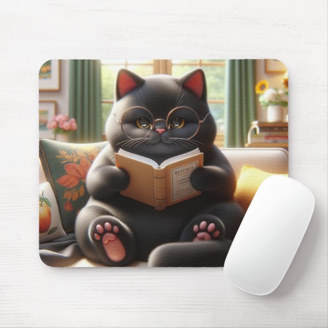 Cat is reading a book on sofa mousepad (Mit Mouse)