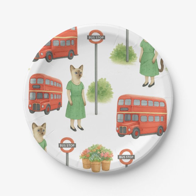 Cat ist in London England mit Double Decker Bus Pappteller (Vorderseite)