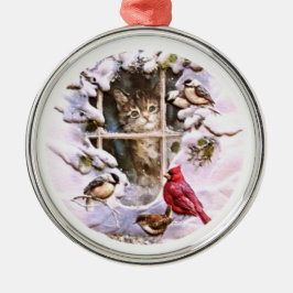Cat Kitten Birds Snow Family Ornament Aus Metall