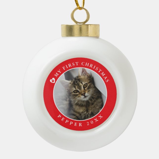 Cat Kitten First Christmas Foto Keramik Kugel-Ornament (Vorderseite)