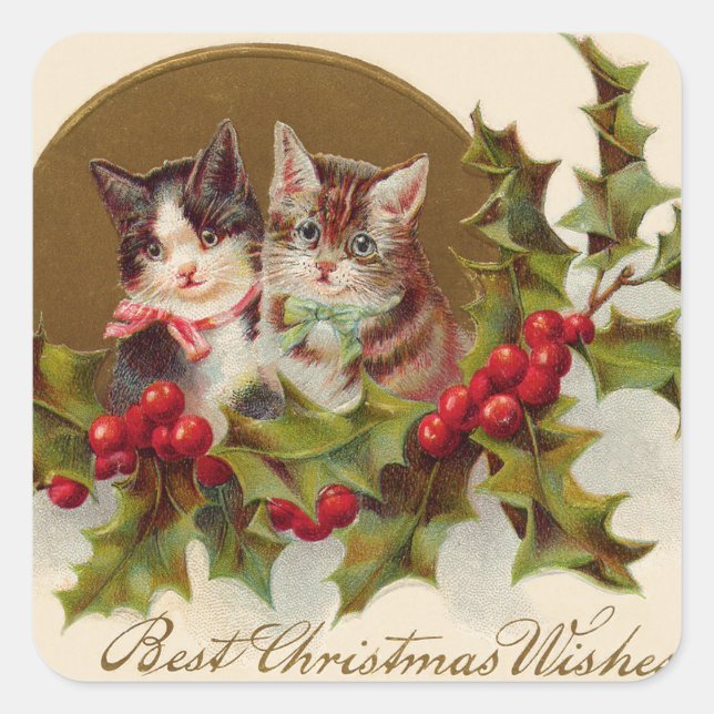 Cat Kitten Holly Winterberry Quadratischer Aufkleber (Vorderseite)
