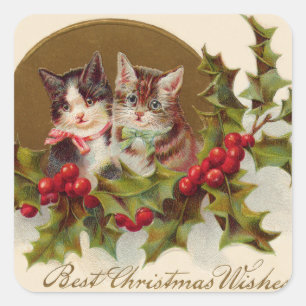 Cat Kitten Holly Winterberry Quadratischer Aufkleber