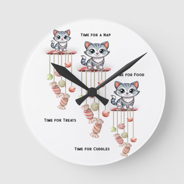 Cat Kitten Meow Clock Runde Wanduhr (Vorderseite)