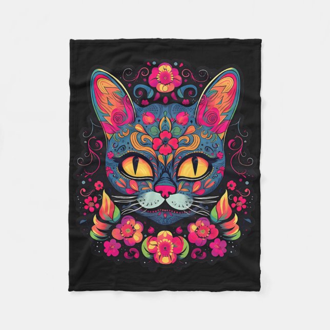 Cat Kitty Kitten Paws Zucker Skull Calavera Hallow Fleecedecke (Vorderseite)