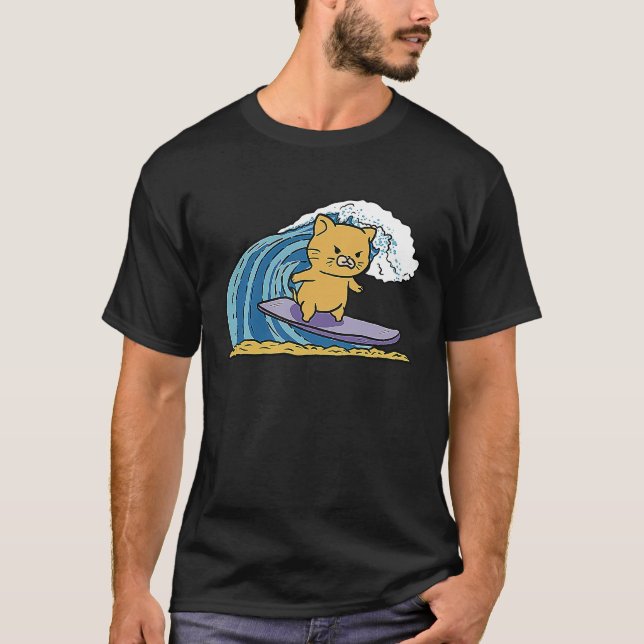 Cat Kitty Kitten Surfen auf einer Welle am Strand T-Shirt (Vorderseite)