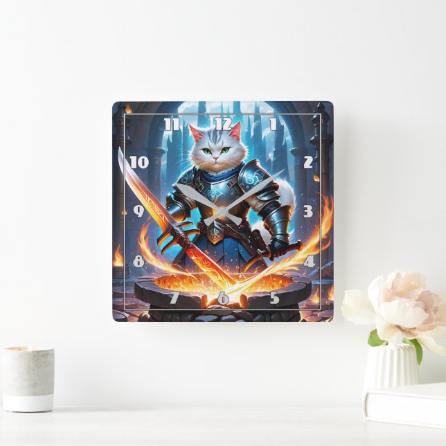 Cat Knight Schwert in magischer Schmiede Quadratische Wanduhr (Zuhause)