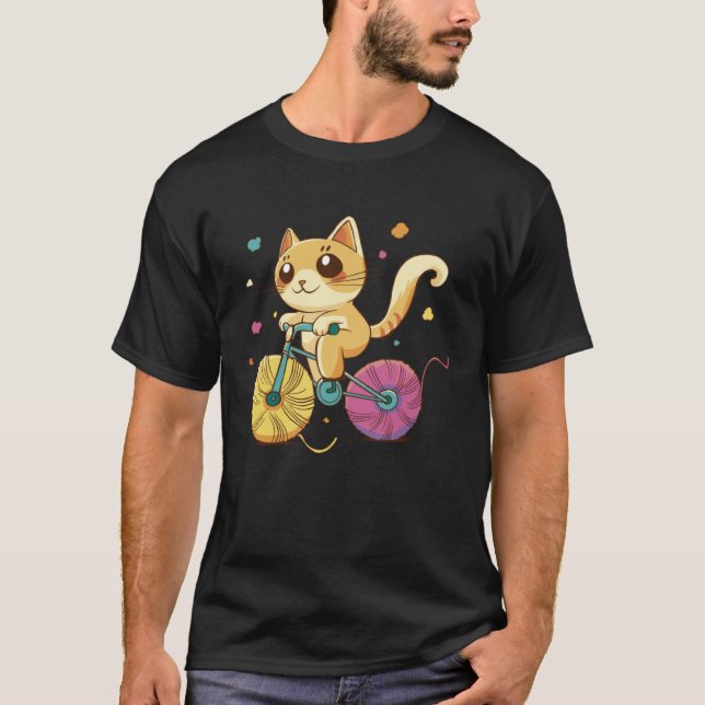 Cat Knitting Cycling Cat Holder Wheels Crochet T-Shirt (Vorderseite)