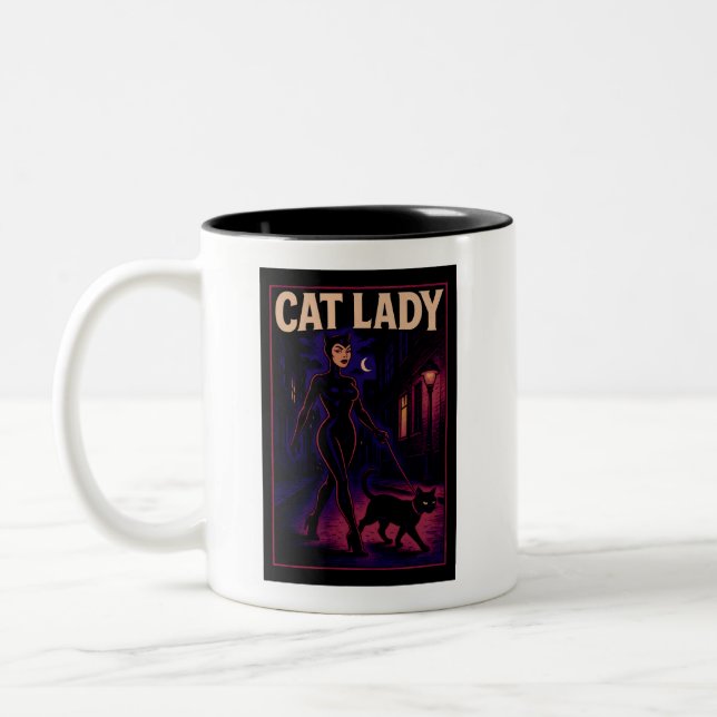 Cat Lady -Cats Art Lover- City Night Comic Graphic Zweifarbige Tasse (Links)