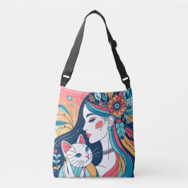 Cat Lady Graphic Illustration Tragetaschen Mit Langen Trägern