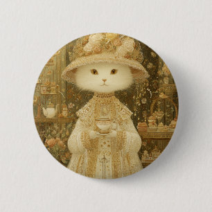 Cat Lady Snow – viktorianische Katze mit Teetasse Button