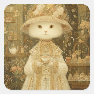 Cat Lady Snow – viktorianische Katze mit Teetasse Quadratischer Aufkleber