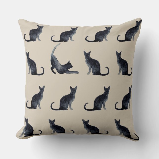 Cat Lady Taupe Wasserfarbe Schwarzes Kittmuster Kissen (Vorderseite)