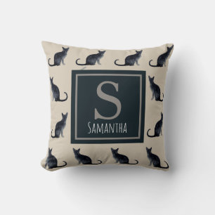 Cat Lady Taupe Wasserfarbe Schwarzes Kittmuster Kissen