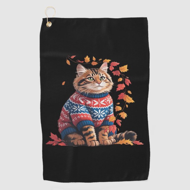 Cat Leaf Fall Hallo Herbst Funny Cat Kitten Lover Golfhandtuch (Vorderseite)