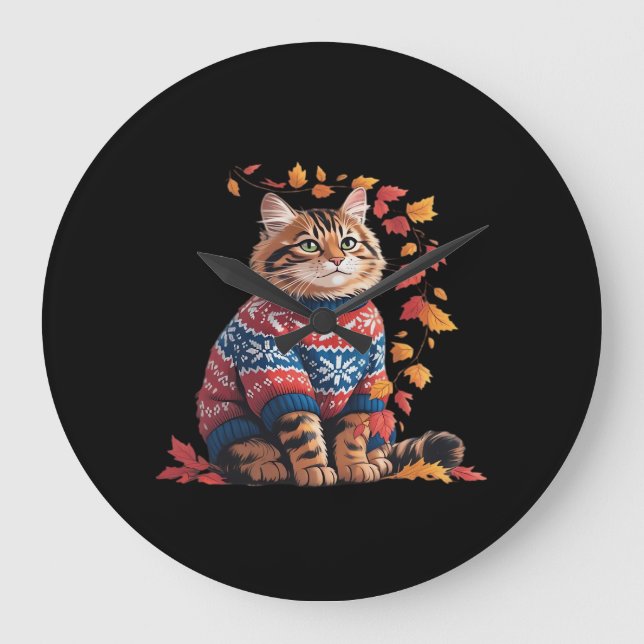 Cat Leaf Fall Hallo Herbst Funny Cat Kitten Lover Große Wanduhr (Vorderseite)