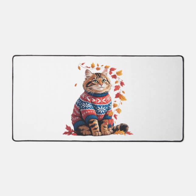 Cat Leaf Fall Hallo Herbst Funny Cat Kitten Lover Schreibtischunterlage (Vorderseite)
