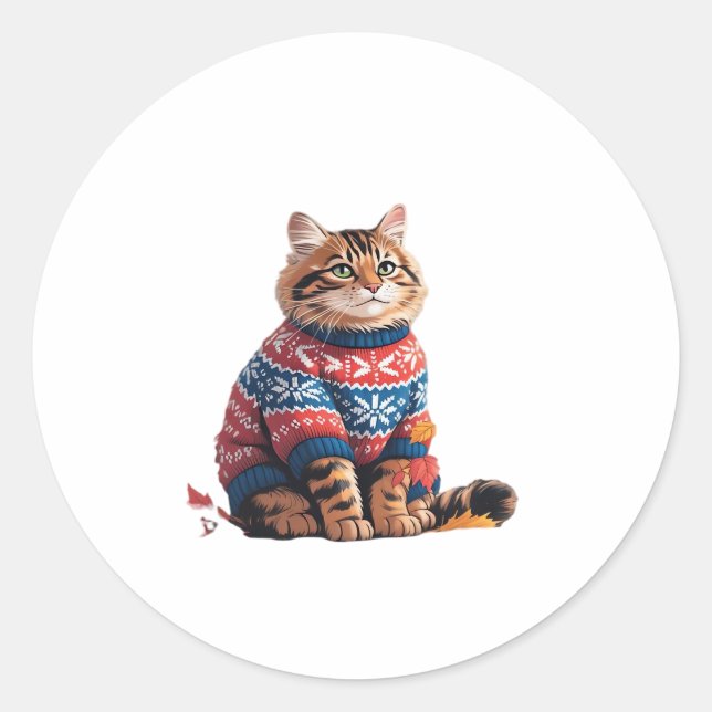Cat Leaf Fall Hello Autumn Funny Cat Kitten Lover  Runder Aufkleber (Vorderseite)