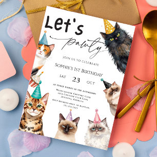 Cat Let's Pawty Kitten Niedlich 1. Geburtstag Einladung