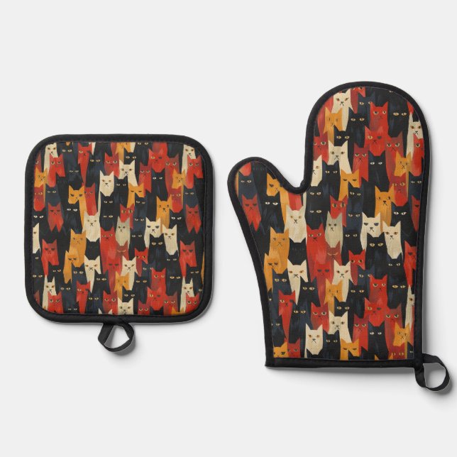 Cat-Liebhaber Gesichter Muster Ofenhandschuh & Topflappen-Set (Vorderseite)