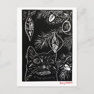 Cat Linocut Christmas Postcard Feiertagspostkarte