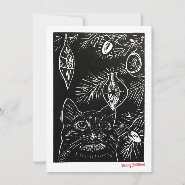 Cat Linocut Weihnachtskarte Feiertagskarte (Vorderseite)
