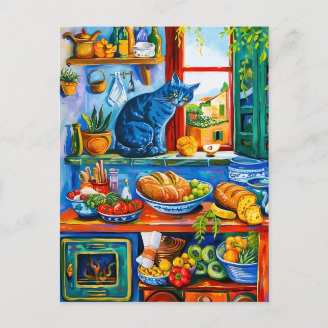 Cat Looking Out Kitchenfenster Postkarte (Vorderseite)