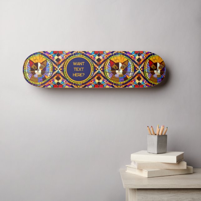 Cat Lover - Colorful Mosaic Kitty - Your Text on Skateboard (Wandkunst (Horz))