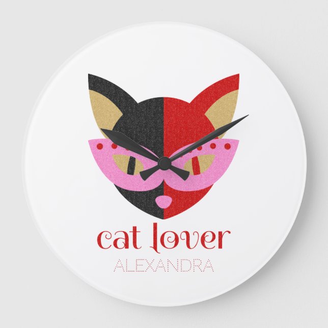 Cat Lover Cute Black Red Pink Name Personalized Große Wanduhr (Vorderseite)