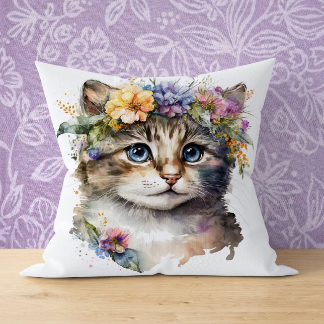 Cat Lover Gift - Wasserfarbkatze mit Blume Kissen (Von Creator hochgeladen)