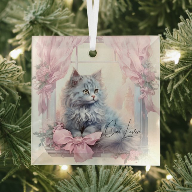 Cat Lover Gray Kitten Pink Bow Ornament Aus Glas (Insitu)