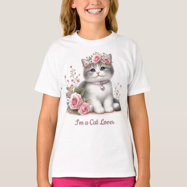 Cat Lover Gray Kitten Pink Roses T-Shirt (Vorderseite)