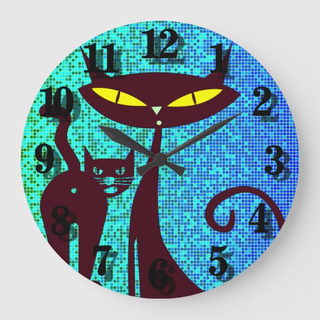 Cat Lover Illustration in Aqua Blue Background Große Wanduhr (Vorderseite)