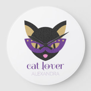 Cat Lover Niedlich Black Lila Gold Kundenname Große Wanduhr