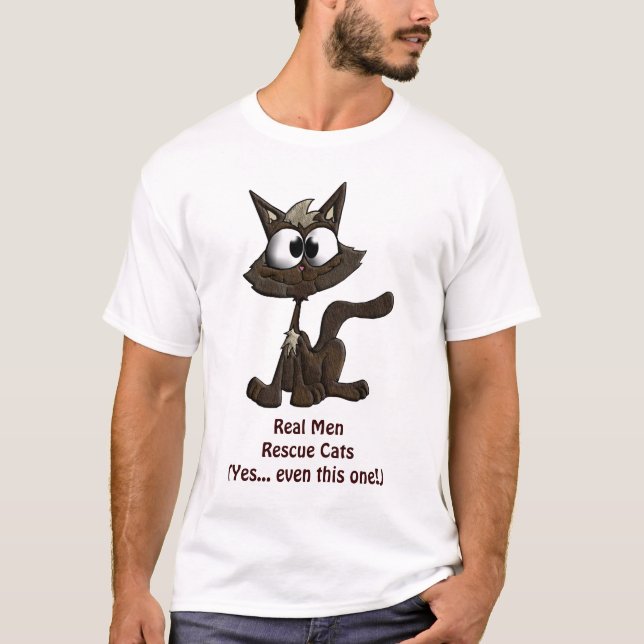 Cat Lover Real Men Rescue Cats Spaß Kitty Cartoon T-Shirt (Vorderseite)