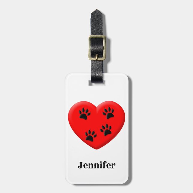 Cat Lover Red Heart and Paws Individuelle Name Gepäckanhänger (Vorderseite vertikal)