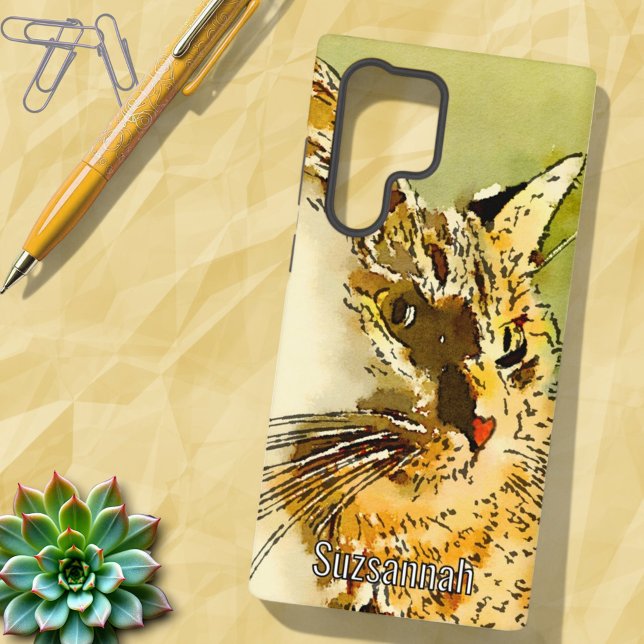 Cat Lover Red Tabby Watercolor Herznose Samsung Galaxy Hülle (Samsung phone case back cover with template text)