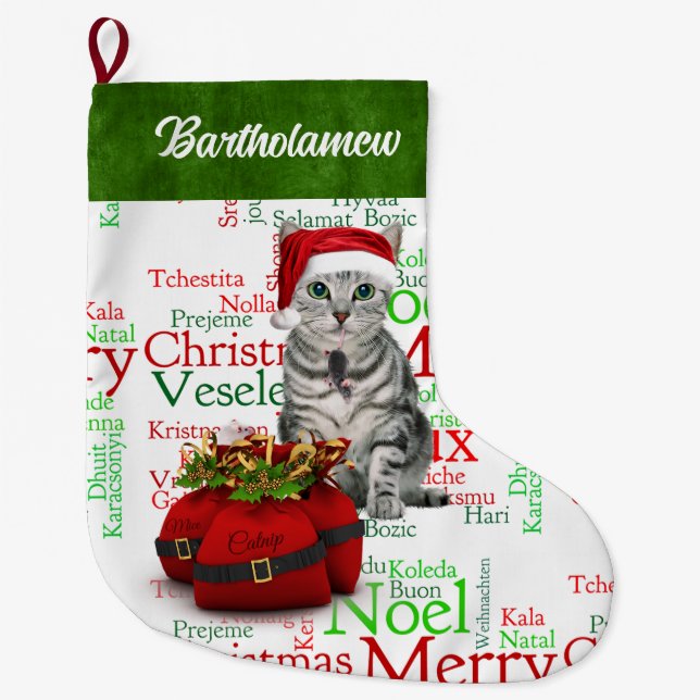 Cat Lover Santa Kitty mit Maus Großer Weihnachtsstrumpf (Vorderseite)