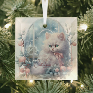 Cat Lover White Kitten Pink Bow und Balls Ornament Aus Glas