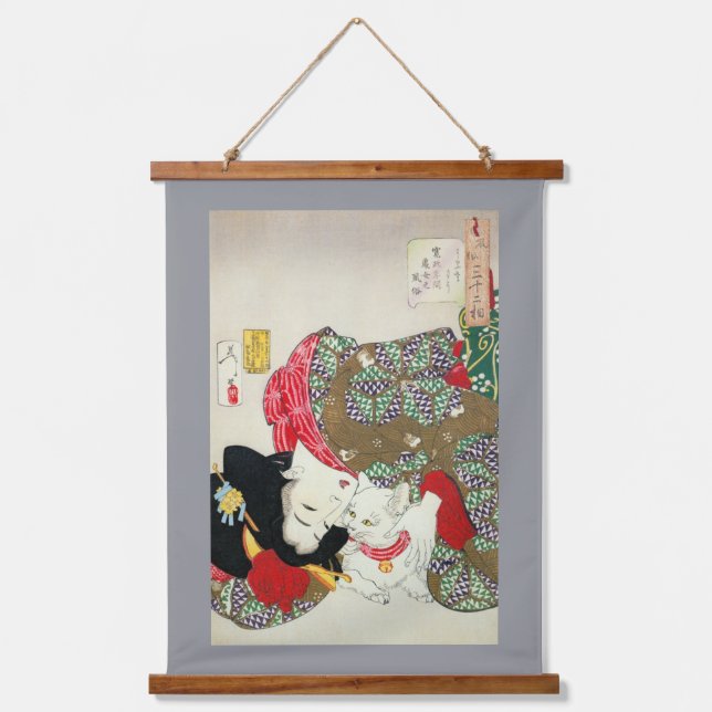 Cat Lover, Yoshitoshi, Ukiyo-e Wandteppich Mit Holzrahmen (Vorderseite)