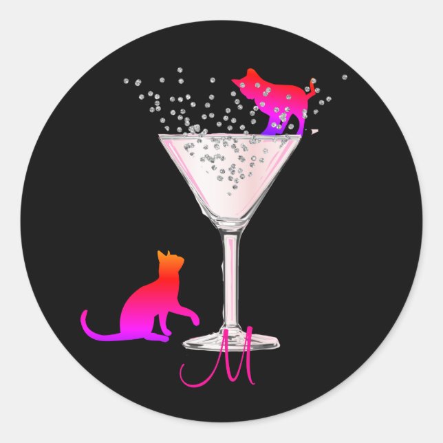 Cat Lovers Bubbles Modern Black Cocktail Monogram Runder Aufkleber (Vorderseite)