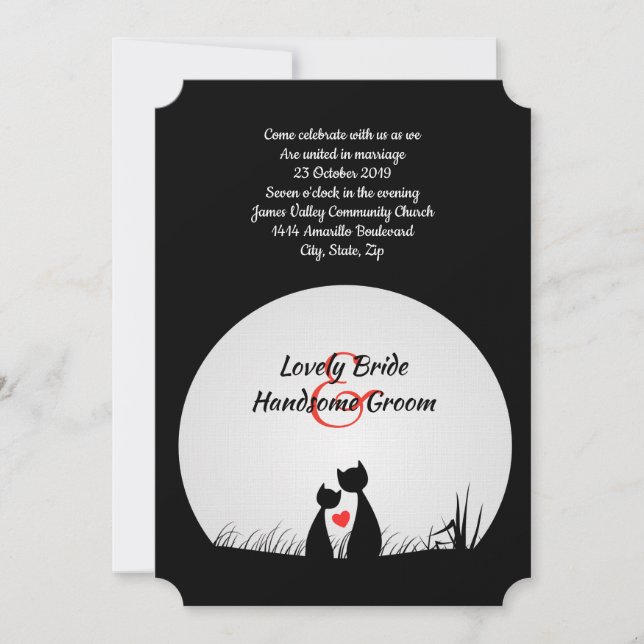 Cat Lovers Schwarz-weiß Moon Wedding Einladung (Vorderseite)