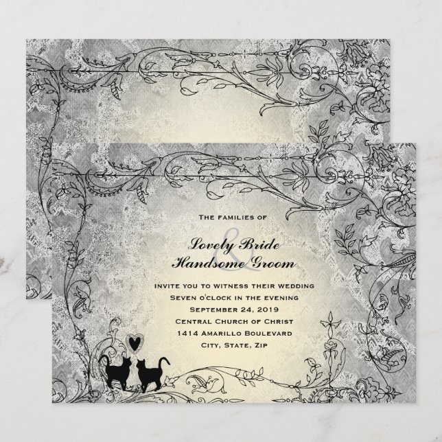Cat Lovers Verziert Graue Goldmedaille Hochzeit Einladung (Vorne/Hinten)