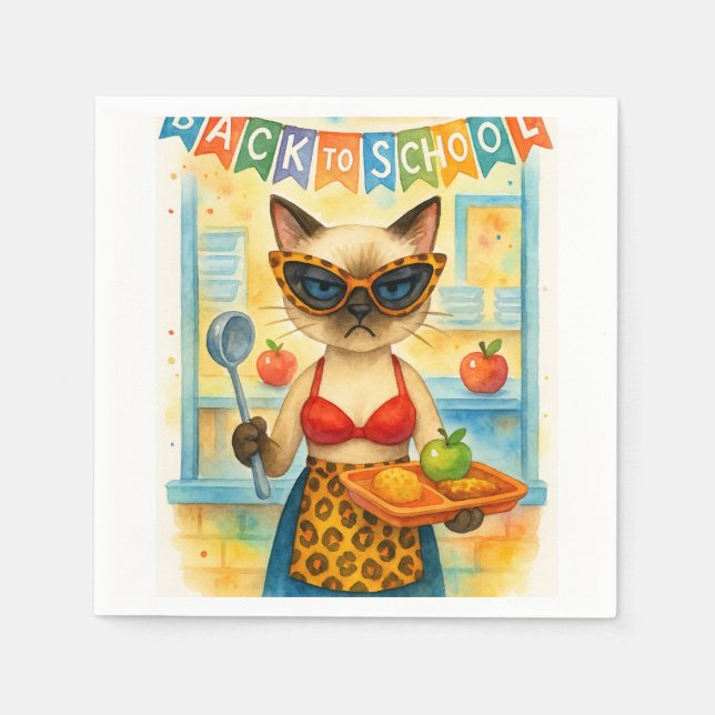 Cat Lunch Lady serviert Essen zurück in die Schule Serviette (Vorderseite)