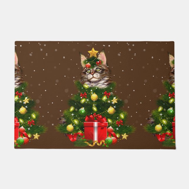 Cat Maine Coon Cat Xmas Tree Lights Cat Lover Ugly Fußmatte (Vorderseite)
