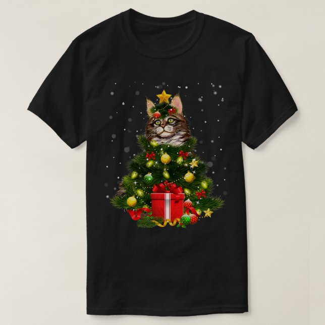 Cat Maine Coon Cat Xmas Tree Lights Cat Lover Ugly T-Shirt (Design vorne)
