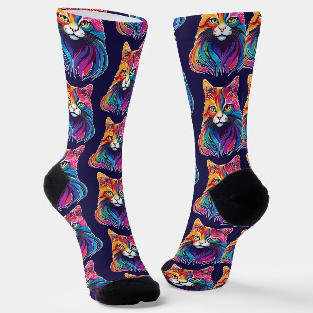 Cat Maine Coon Portrait Rainbow Colors Socken (Gewinkelt)