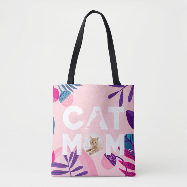 CAT-MAMA, Ihr Foto, rosa Blume und Blätter Tasche (Vorderseite)
