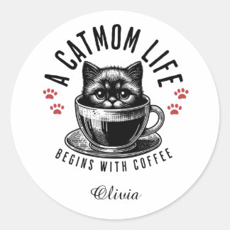 Cat Mama Leben beginnt mit Kaffee - personalisiert Runder Aufkleber